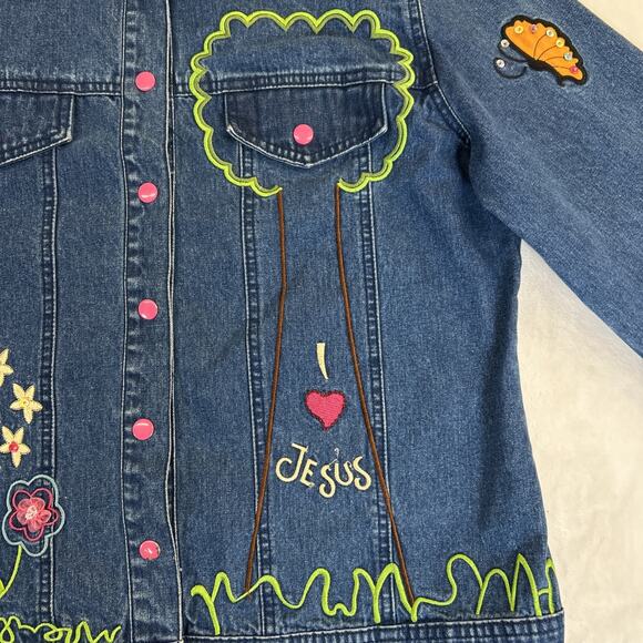 I Love Jesus Denim Jacket Women's X-Large Embroidered Sequin Flower Rainbow - Picture 8 of 16